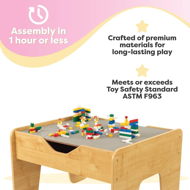 Alt view image 4 of 7 - Reversible Wooden Activity Table with Board with 195 Building Bricks Gray & Natural, Gift for Ages 3+