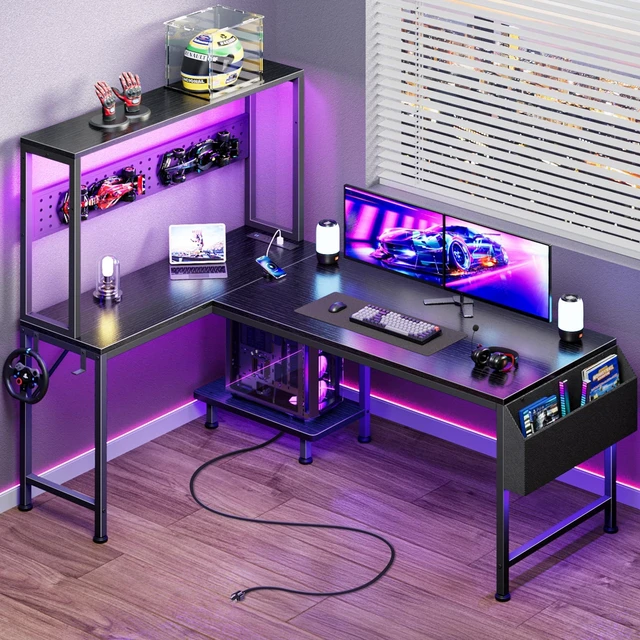 Main image of L Shaped Gaming Desk with LED Lights & Power Outlets | Reversible Computer Desk with Storage Shelves & Bag, Large Corner Home Office Desk with Pegboard for Work from Home, Black