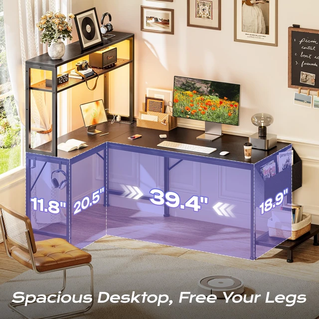 Alt view image 4 of 7 - L Shaped Gaming Desk with LED Lights & Power Outlets | Reversible Computer Desk with Storage Shelves & Bag, Large Corner Home Office Desk with Pegboard for Work from Home, Black