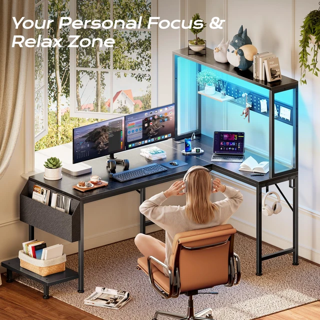 Alt view image 5 of 7 - L Shaped Gaming Desk with LED Lights & Power Outlets | Reversible Computer Desk with Storage Shelves & Bag, Large Corner Home Office Desk with Pegboard for Work from Home, Black