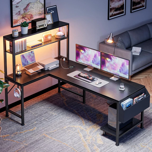 Alt view image 6 of 7 - L Shaped Gaming Desk with LED Lights & Power Outlets | Reversible Computer Desk with Storage Shelves & Bag, Large Corner Home Office Desk with Pegboard for Work from Home, Black