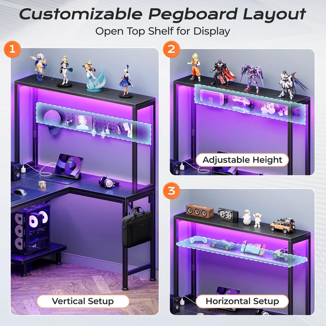 Alt view image 7 of 7 - L Shaped Gaming Desk with LED Lights & Power Outlets | Reversible Computer Desk with Storage Shelves & Bag, Large Corner Home Office Desk with Pegboard for Work from Home, Black