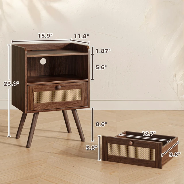 Alt view image 2 of 7 - Nightstands Set of 2, Night Stands with Charging Station | Bed Side Tables with PE Rattan Decor Drawer & Solid Wood Feet, End Table, for Bedroom, Living Room, Dark Walnut