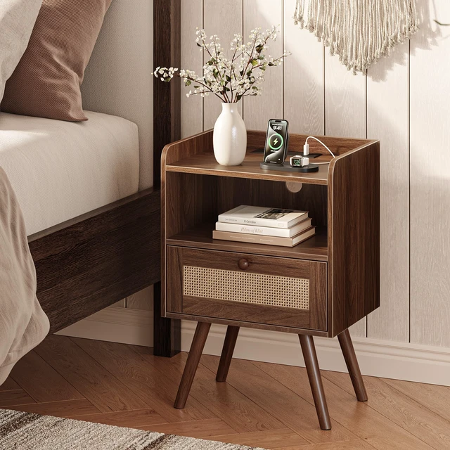 Alt view image 3 of 7 - Nightstands Set of 2, Night Stands with Charging Station | Bed Side Tables with PE Rattan Decor Drawer & Solid Wood Feet, End Table, for Bedroom, Living Room, Dark Walnut