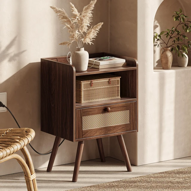 Alt view image 5 of 7 - Nightstands Set of 2, Night Stands with Charging Station | Bed Side Tables with PE Rattan Decor Drawer & Solid Wood Feet, End Table, for Bedroom, Living Room, Dark Walnut