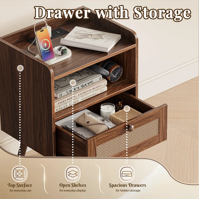 Alt view image 7 of 7 - Nightstands Set of 2, Night Stands with Charging Station | Bed Side Tables with PE Rattan Decor Drawer & Solid Wood Feet, End Table, for Bedroom, Living Room, Dark Walnut