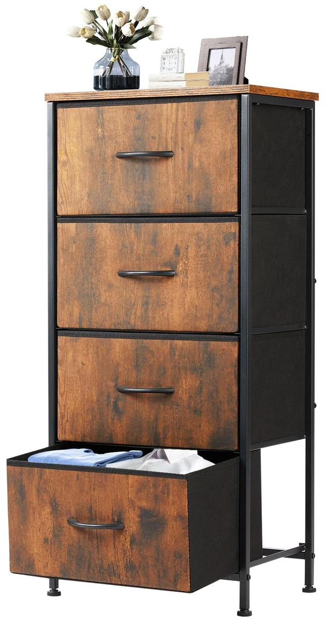 Main image of Night Stand with 4 Fabric Drawers, Bedside Table for Bedroom | Night Stand with Removable Bins, Sturdy Steel Frame Wood Top, Organizer Furniture for Bedroom Closet, Living Room, Brown