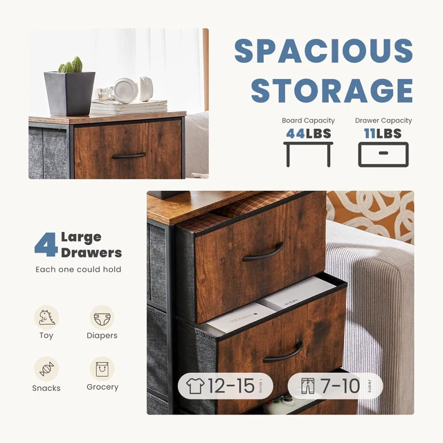 Alt view image 2 of 7 - Night Stand with 4 Fabric Drawers, Bedside Table for Bedroom | Night Stand with Removable Bins, Sturdy Steel Frame Wood Top, Organizer Furniture for Bedroom Closet, Living Room, Brown