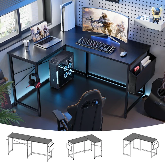 Main image of 47 Inch Reversible L Shaped Gaming Desk Corner Computer Desk with Storage Bag Home Office Table for Writing Study Black