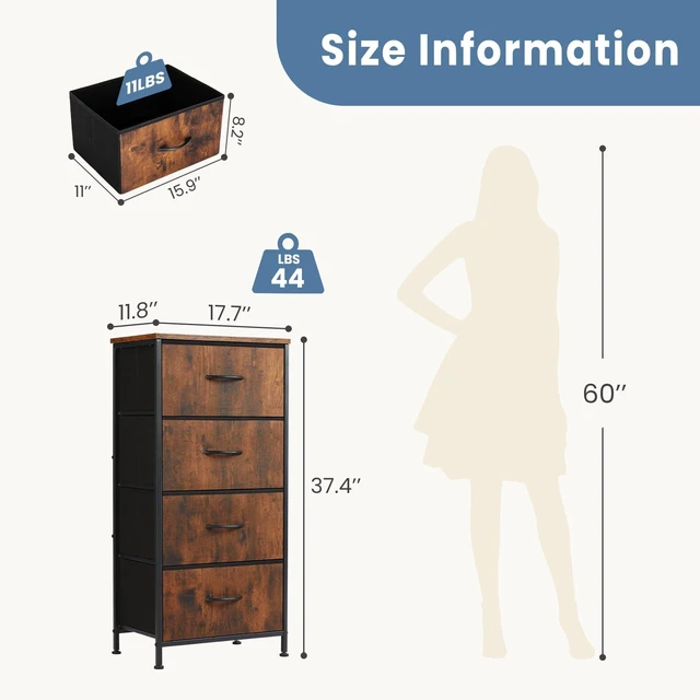 Alt view image 5 of 7 - Night Stand with 4 Fabric Drawers, Bedside Table for Bedroom | Night Stand with Removable Bins, Sturdy Steel Frame Wood Top, Organizer Furniture for Bedroom Closet, Living Room, Brown