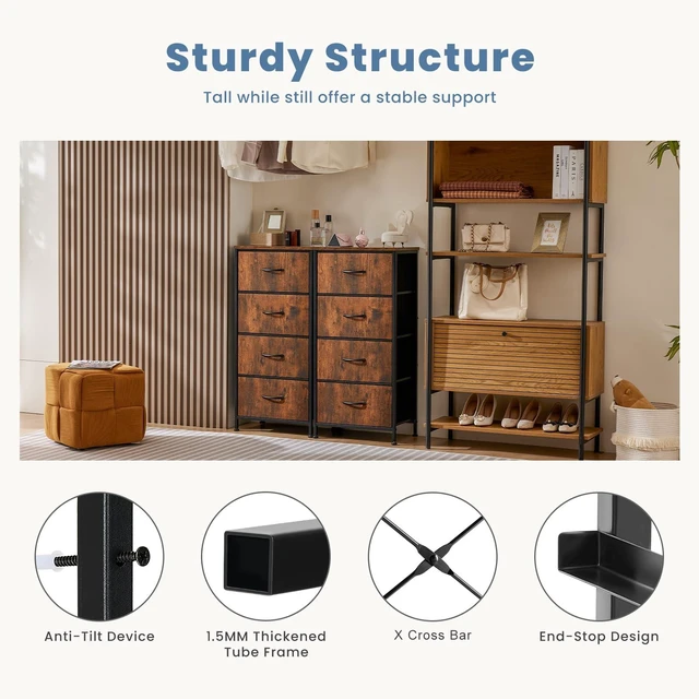 Alt view image 6 of 7 - Night Stand with 4 Fabric Drawers, Bedside Table for Bedroom | Night Stand with Removable Bins, Sturdy Steel Frame Wood Top, Organizer Furniture for Bedroom Closet, Living Room, Brown