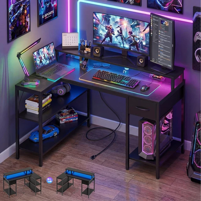 Main image of 47 Inch L Shaped Gaming Desk, Corner Desks with Shelves, Black | Reversible Corner Gaming Desks with Drawers and Storage Shelves, LED Light, Power Station & Monitor Riser