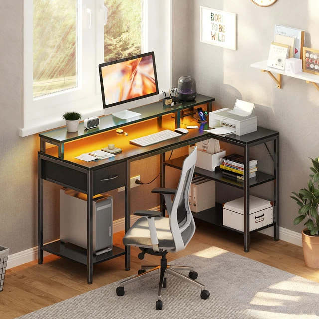 Alt view image 2 of 7 - 47 Inch L Shaped Gaming Desk, Corner Desks with Shelves, Black | Reversible Corner Gaming Desks with Drawers and Storage Shelves, LED Light, Power Station & Monitor Riser