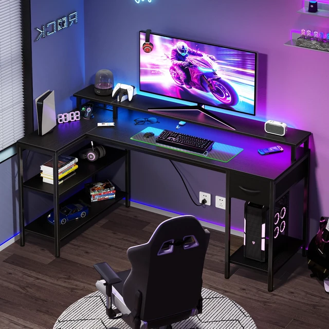 Alt view image 3 of 7 - 47 Inch L Shaped Gaming Desk, Corner Desks with Shelves, Black | Reversible Corner Gaming Desks with Drawers and Storage Shelves, LED Light, Power Station & Monitor Riser