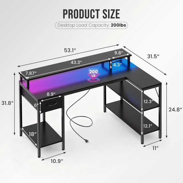 Alt view image 5 of 7 - 47 Inch L Shaped Gaming Desk, Corner Desks with Shelves, Black | Reversible Corner Gaming Desks with Drawers and Storage Shelves, LED Light, Power Station & Monitor Riser