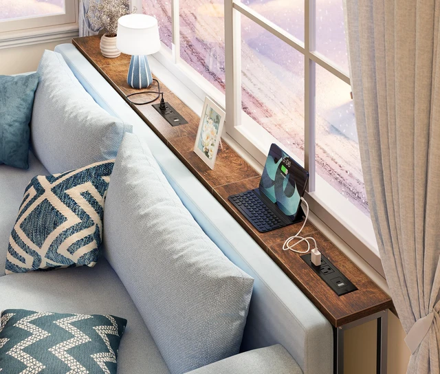 Alt view image 2 of 7 - 78.8 inch Narrow Behind Couch Table with 2 Charging Stations | 2 AC Outlets with USB-C Ports, Extra Storage Behind Sofa, Sofa Table Console Table for Entryway Living room, Rustic Brown