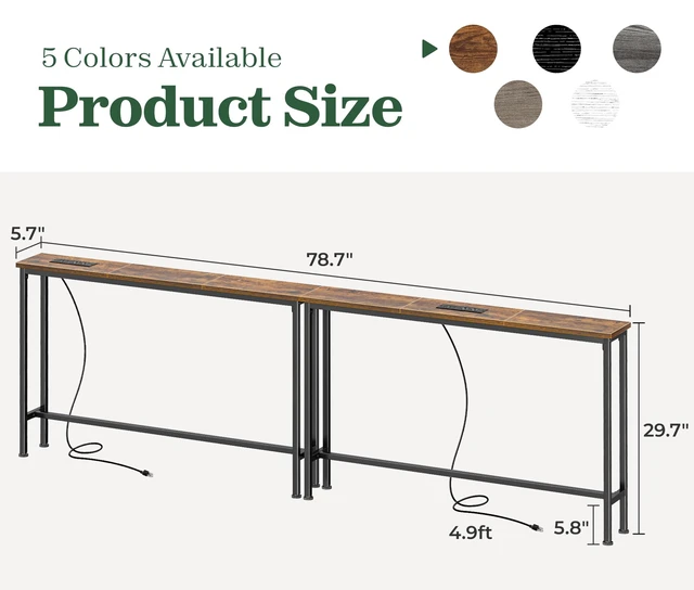 Alt view image 6 of 7 - 78.8 inch Narrow Behind Couch Table with 2 Charging Stations | 2 AC Outlets with USB-C Ports, Extra Storage Behind Sofa, Sofa Table Console Table for Entryway Living room, Rustic Brown