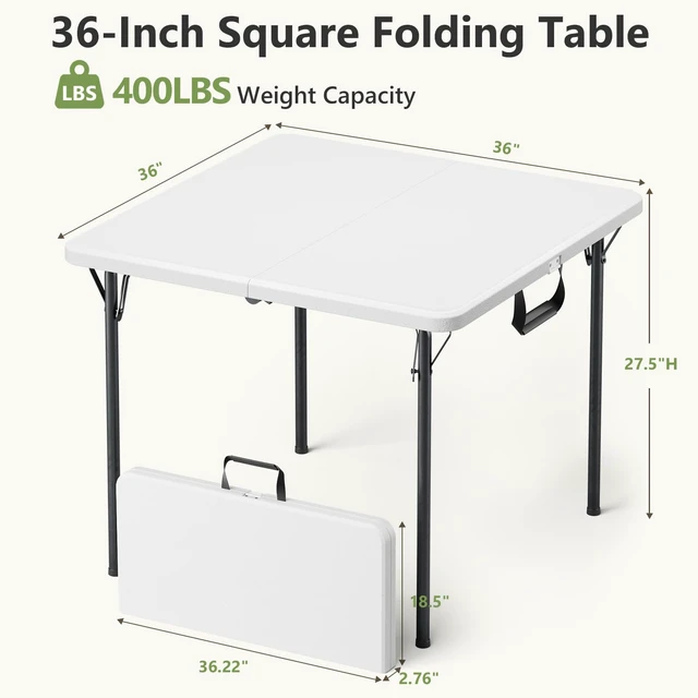 Alt view image 3 of 7 - Folding Table, 36 Inch Square Foldable Card Table with Carrying Handle, Heavy Duty Fold-in-Half Portable Table No Assembly, Ideal for Picnic, Camping, RV Travel, Parties, BBQs, Crafting and Indoor Use