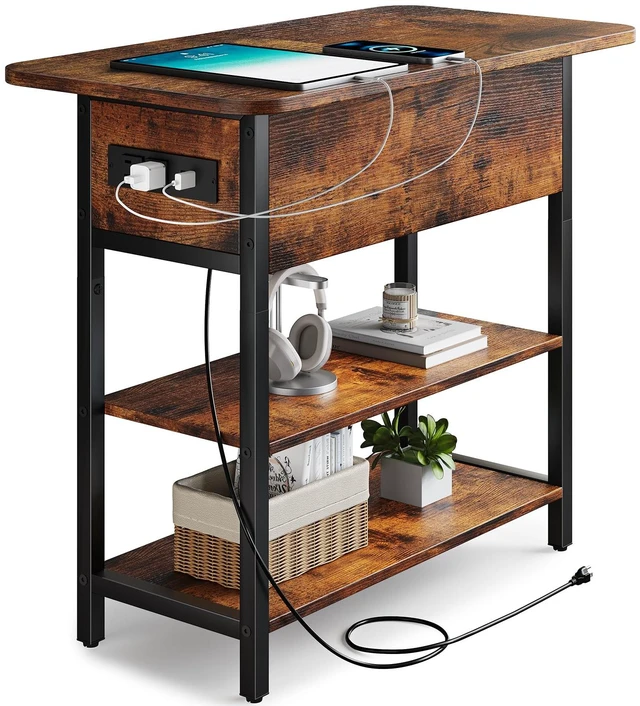 Main image of End Table with Charging Station, Flip Top Side Table with USB Ports and Outlets, Sofa Couch Table Bedside Table for Living Room Bedroom, Narrow Nightstand with Storage Shelves for Small Space