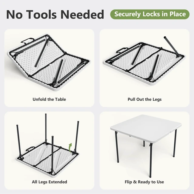 Alt view image 7 of 7 - Folding Table, 36 Inch Square Foldable Card Table with Carrying Handle, Heavy Duty Fold-in-Half Portable Table No Assembly, Ideal for Picnic, Camping, RV Travel, Parties, BBQs, Crafting and Indoor Use