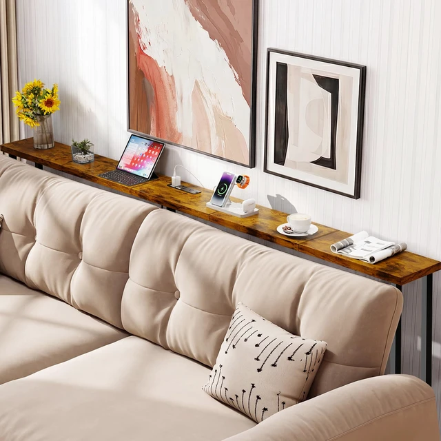 Alt view image 2 of 7 - 78" Sofa Table with Built-in Power Strip (2 AC Outlets & 2 USB Ports) 4.9ft Power Cord, Metal Frame, Easy Assembly, Long Couch Table Behind Sofa, Living Room and Home Office | Rustic Brown
