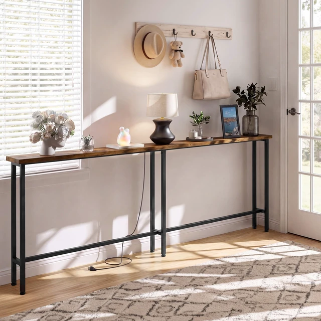 Alt view image 5 of 7 - 78" Sofa Table with Built-in Power Strip (2 AC Outlets & 2 USB Ports) 4.9ft Power Cord, Metal Frame, Easy Assembly, Long Couch Table Behind Sofa, Living Room and Home Office | Rustic Brown