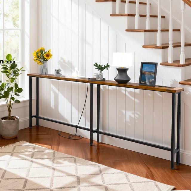 Alt view image 6 of 7 - 78" Sofa Table with Built-in Power Strip (2 AC Outlets & 2 USB Ports) 4.9ft Power Cord, Metal Frame, Easy Assembly, Long Couch Table Behind Sofa, Living Room and Home Office | Rustic Brown