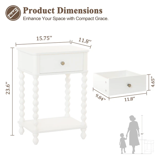 Alt view image 3 of 7 - White Nightstand, Small Side Table with Drawer for Living Room, Farmhouse End Bedside Table with Spindle Wood Legs for Bedroom, Office, White