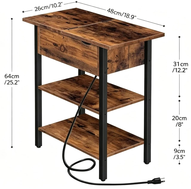 Alt view image 3 of 7 - End Table with Charging Station, Narrow Side Table, Flip Top Nightstand with USB Ports and Outlets, Bedside Tables with Shelf for Small Spaces, Living Room, Rustic Brown BF341BZ01