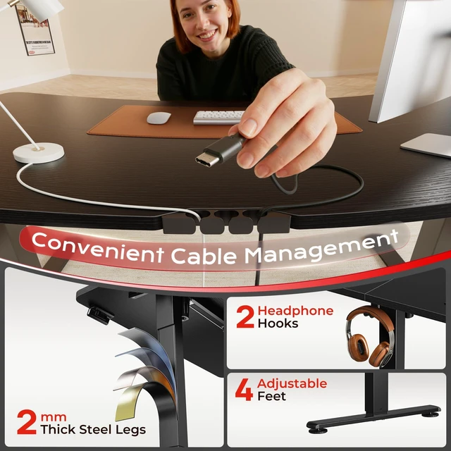 Alt view image 5 of 7 - 47 X 24 Inch Electric Standing Desk with Power Outlets and USB-C Port, Height Adjustable Desk, Sit Stand Desk for Home Office, Computer & Gaming Desk with 3 Presets, Stable Steel Frame, Black