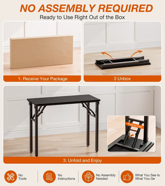 Alt view image 2 of 7 - Folding Table Computer Desk - 35.8" No Assembly Folding Desk Design and Foldable Office Desk, Small Desk for Bedroom, Compact Storage Portable Use for Dorm and RV Small Space, Dark Oak
