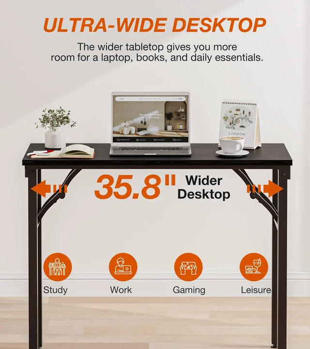 Alt view image 4 of 7 - Folding Table Computer Desk - 35.8" No Assembly Folding Desk Design and Foldable Office Desk, Small Desk for Bedroom, Compact Storage Portable Use for Dorm and RV Small Space, Dark Oak