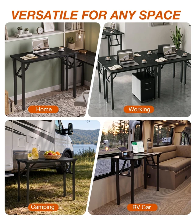 Alt view image 6 of 7 - Folding Table Computer Desk - 35.8" No Assembly Folding Desk Design and Foldable Office Desk, Small Desk for Bedroom, Compact Storage Portable Use for Dorm and RV Small Space, Dark Oak