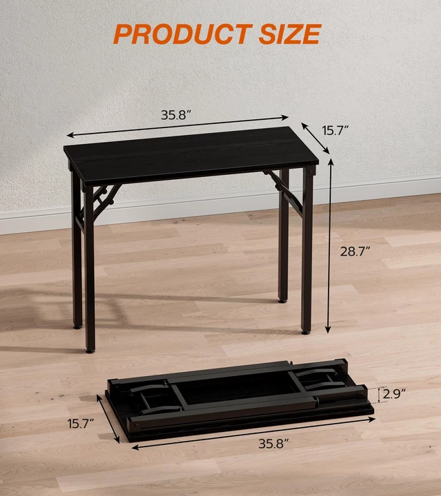 Alt view image 7 of 7 - Folding Table Computer Desk - 35.8" No Assembly Folding Desk Design and Foldable Office Desk, Small Desk for Bedroom, Compact Storage Portable Use for Dorm and RV Small Space, Dark Oak