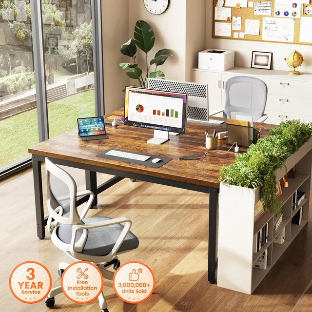 Alt view image 2 of 7 - 55 x 24 inch Desk with Power Outlets & 0.95 Inch Thicker Desktop | Robust Metal Tubes, USB-C, Computer Desk, Heavy Duty Office Desk, Work Gaming Desk for Home Office, Rustic Brown