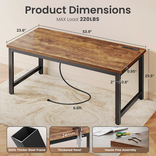 Alt view image 7 of 7 - 55 x 24 inch Desk with Power Outlets & 0.95 Inch Thicker Desktop | Robust Metal Tubes, USB-C, Computer Desk, Heavy Duty Office Desk, Work Gaming Desk for Home Office, Rustic Brown