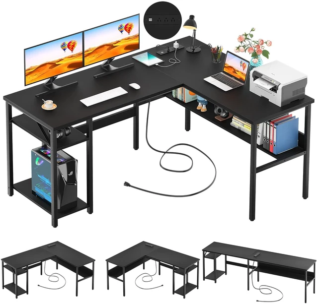 Main image of Reversible L Shaped Desk with Magic Power Outlets and USB Charging Ports, Sturdy Corner Computer Desk with Storage Shelves, Gaming Table Home Office Desk, Easy to Assemble, Black