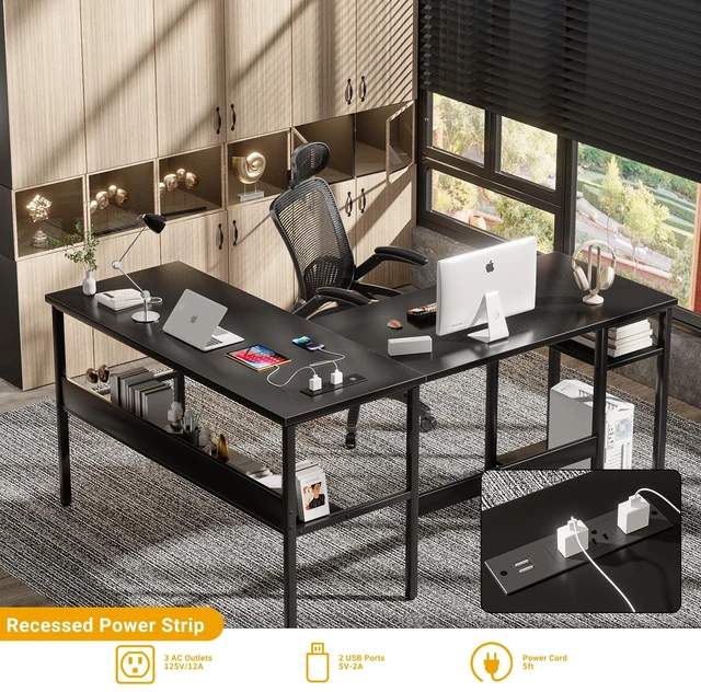 Alt view image 2 of 7 - Reversible L Shaped Desk with Magic Power Outlets and USB Charging Ports, Sturdy Corner Computer Desk with Storage Shelves, Gaming Table Home Office Desk, Easy to Assemble, Black