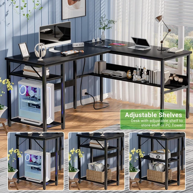 Alt view image 4 of 7 - Reversible L Shaped Desk with Magic Power Outlets and USB Charging Ports, Sturdy Corner Computer Desk with Storage Shelves, Gaming Table Home Office Desk, Easy to Assemble, Black