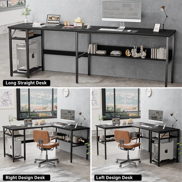 Alt view image 6 of 7 - Reversible L Shaped Desk with Magic Power Outlets and USB Charging Ports, Sturdy Corner Computer Desk with Storage Shelves, Gaming Table Home Office Desk, Easy to Assemble, Black