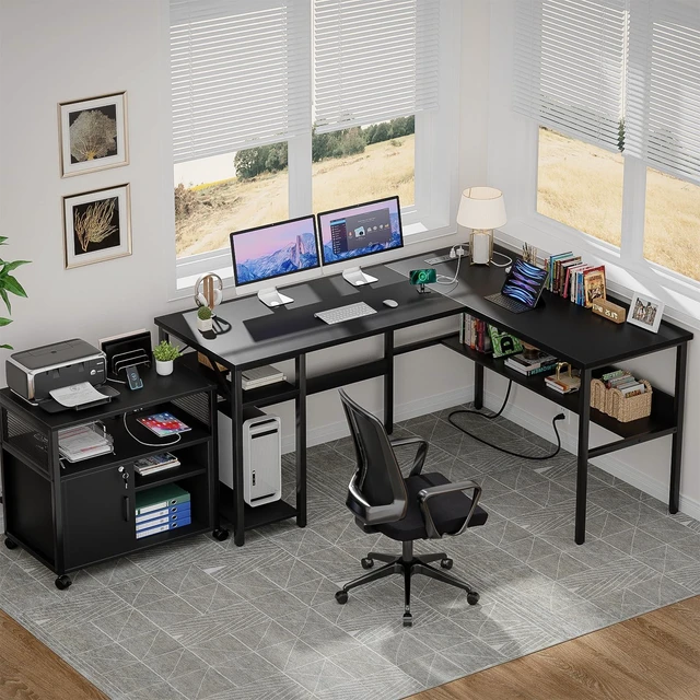Alt view image 7 of 7 - Reversible L Shaped Desk with Magic Power Outlets and USB Charging Ports, Sturdy Corner Computer Desk with Storage Shelves, Gaming Table Home Office Desk, Easy to Assemble, Black