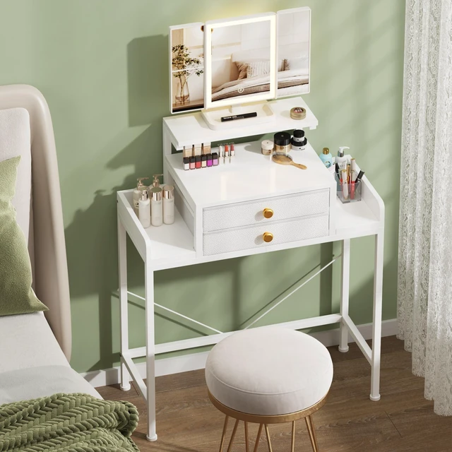 Main image of Vanity Desk with Mirror and Lights 28.4''W Small Makeup Vanity | Vanity Table with Height-Adjustable Stand, 2 Fabric Drawers Compact Makeup Desk, Gift for Girls, Bedroom Small Space, White