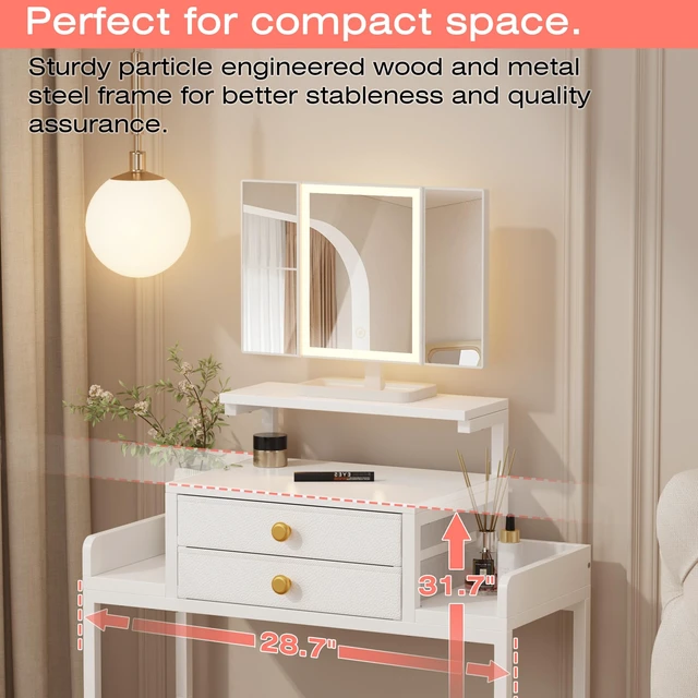 Alt view image 2 of 7 - Vanity Desk with Mirror and Lights 28.4''W Small Makeup Vanity | Vanity Table with Height-Adjustable Stand, 2 Fabric Drawers Compact Makeup Desk, Gift for Girls, Bedroom Small Space, White