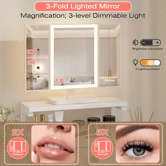Alt view image 3 of 7 - Vanity Desk with Mirror and Lights 28.4''W Small Makeup Vanity | Vanity Table with Height-Adjustable Stand, 2 Fabric Drawers Compact Makeup Desk, Gift for Girls, Bedroom Small Space, White