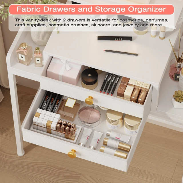Alt view image 4 of 7 - Vanity Desk with Mirror and Lights 28.4''W Small Makeup Vanity | Vanity Table with Height-Adjustable Stand, 2 Fabric Drawers Compact Makeup Desk, Gift for Girls, Bedroom Small Space, White