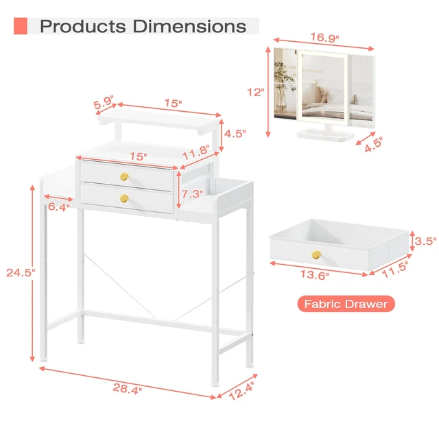 Alt view image 5 of 7 - Vanity Desk with Mirror and Lights 28.4''W Small Makeup Vanity | Vanity Table with Height-Adjustable Stand, 2 Fabric Drawers Compact Makeup Desk, Gift for Girls, Bedroom Small Space, White