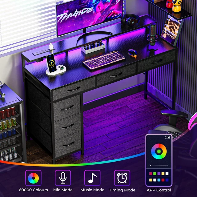 Alt view image 2 of 7 - Gaming Desk with 6 Drawers, Computer Desk with LED Lights Power Outlets and Type-C, 47 Inch Office Desk with Storage, Monitor Stand, Writing Desk Work Desk Home Office, Bedroom, Black