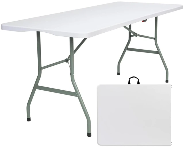 Main image of 6FT Folding Table, Fold in Half Heavy Duty Rectangular Plastic Utility Table with Steel Legs & Carry Handle, White |HDPE Top,Indoor Outdoor for Parties,Camping,Picnic,Wedding,Dining,Classroom