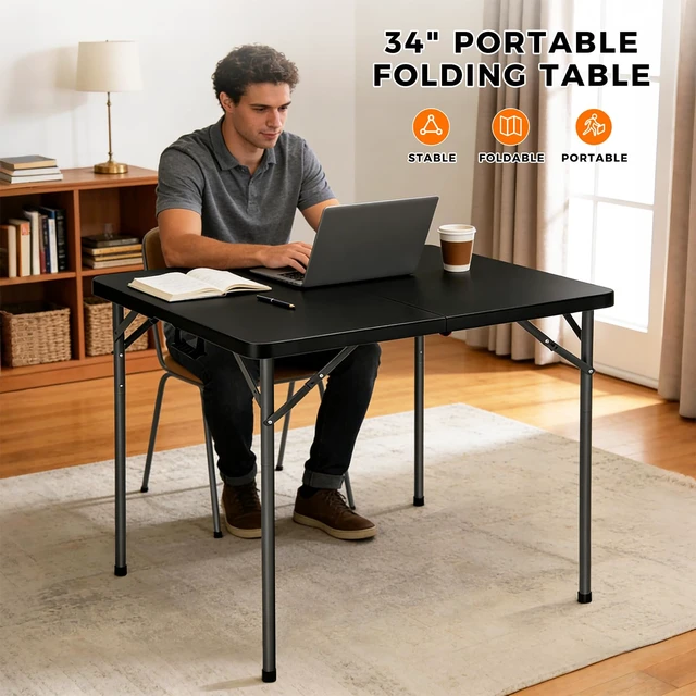 Alt view image 2 of 7 - 34" Square Folding Card Table Fold-in-Half Utility Dining Portable Table Heavy Duty HDPE with Carrying Handle, Plastic Tables for Camping,Picnic, Office, Party(Black)