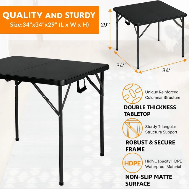 Alt view image 4 of 7 - 34" Square Folding Card Table Fold-in-Half Utility Dining Portable Table Heavy Duty HDPE with Carrying Handle, Plastic Tables for Camping,Picnic, Office, Party(Black)
